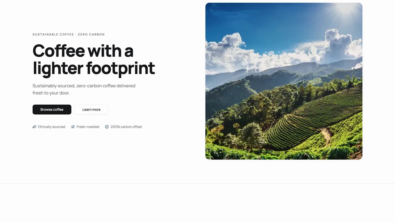 Browser view of a partner's branded storefront on Zero Carbon Coffee, showing a hero with sustainable-coffee messaging and a coffee farm photograph.